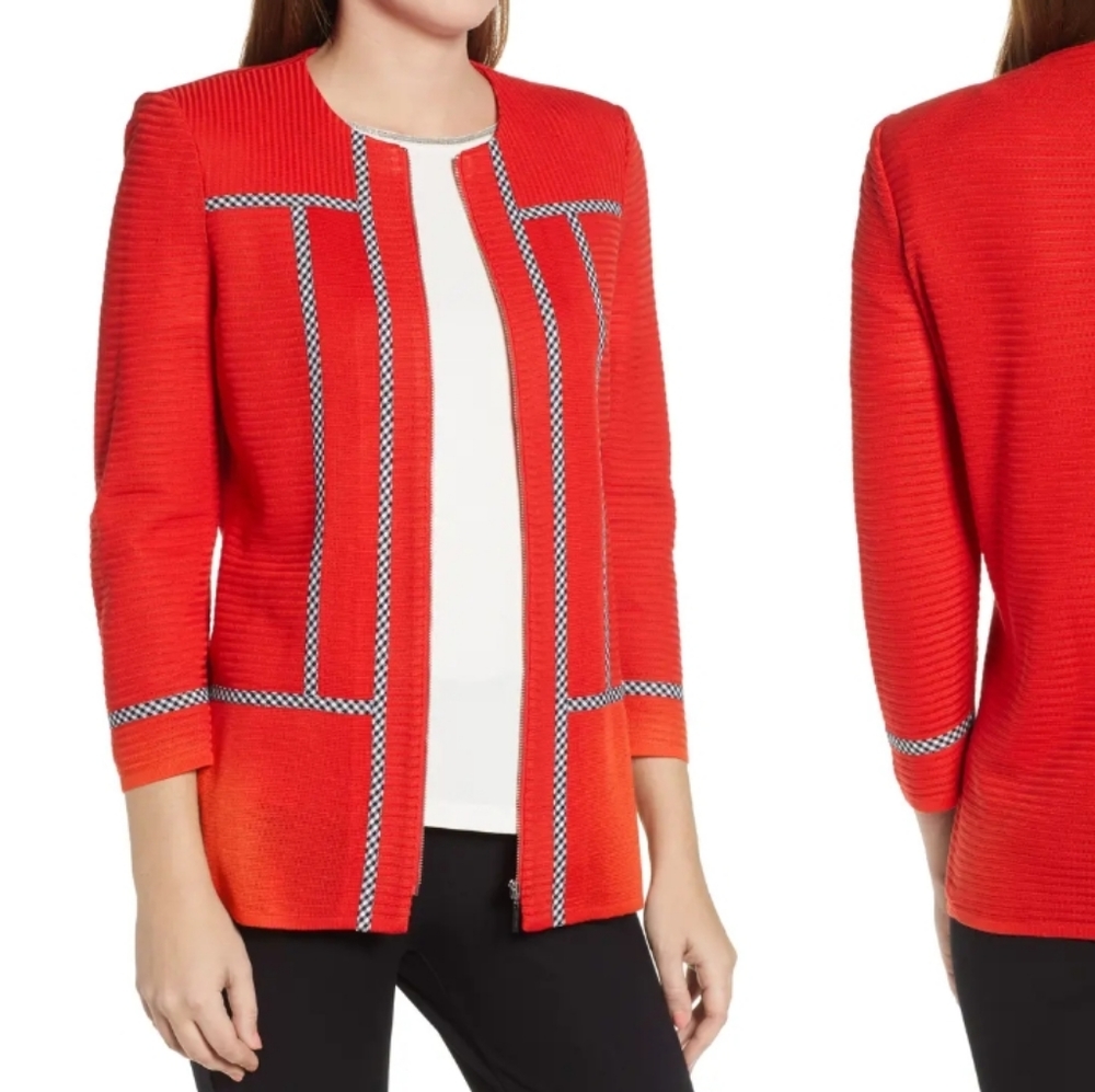 Ming Wang Gingham Plaid Trim Poppy Jacket Size S